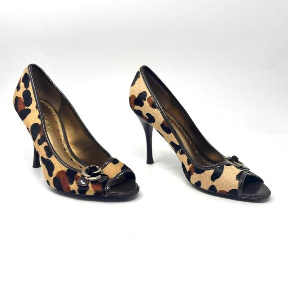 00s BCBGIRLS Vintage Brown Black Leopard Print Peep Toe Pumps - Picture 1 of 11